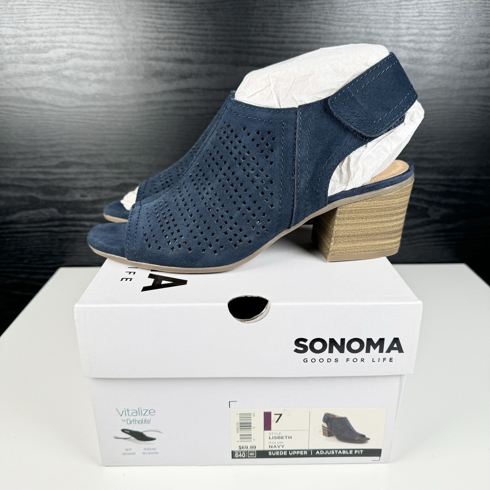 Sonoma Goods For Life Vitalize Sz 7 M Peep Toe Block Heel Sandals Blue